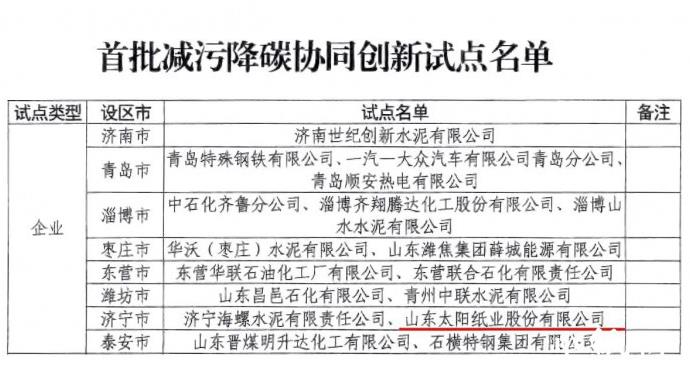 太阳纸业入选首批山东省减污降碳协同创新试点企业